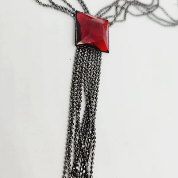 Vintage Gunmetal Ball Chain Multi Strand Y Drop Ruby Red Stone Goth Necklace - Picture 2 of 5